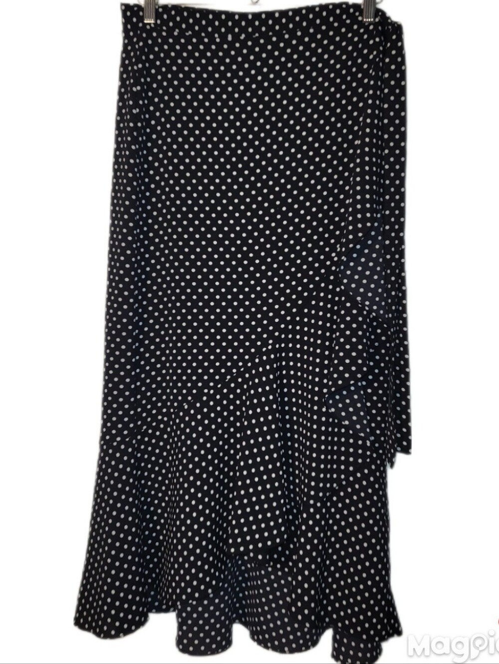 Max Studio Black White Polka Dot Ruffle Wrap Side Tie High Low Midi Skirt Large